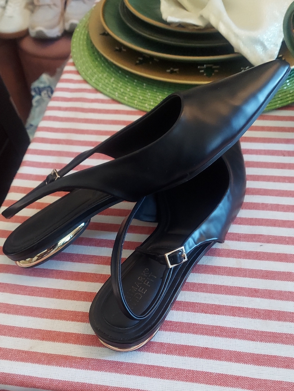 Primark Black Pointed Slingback Flats with Gold Heel Trim